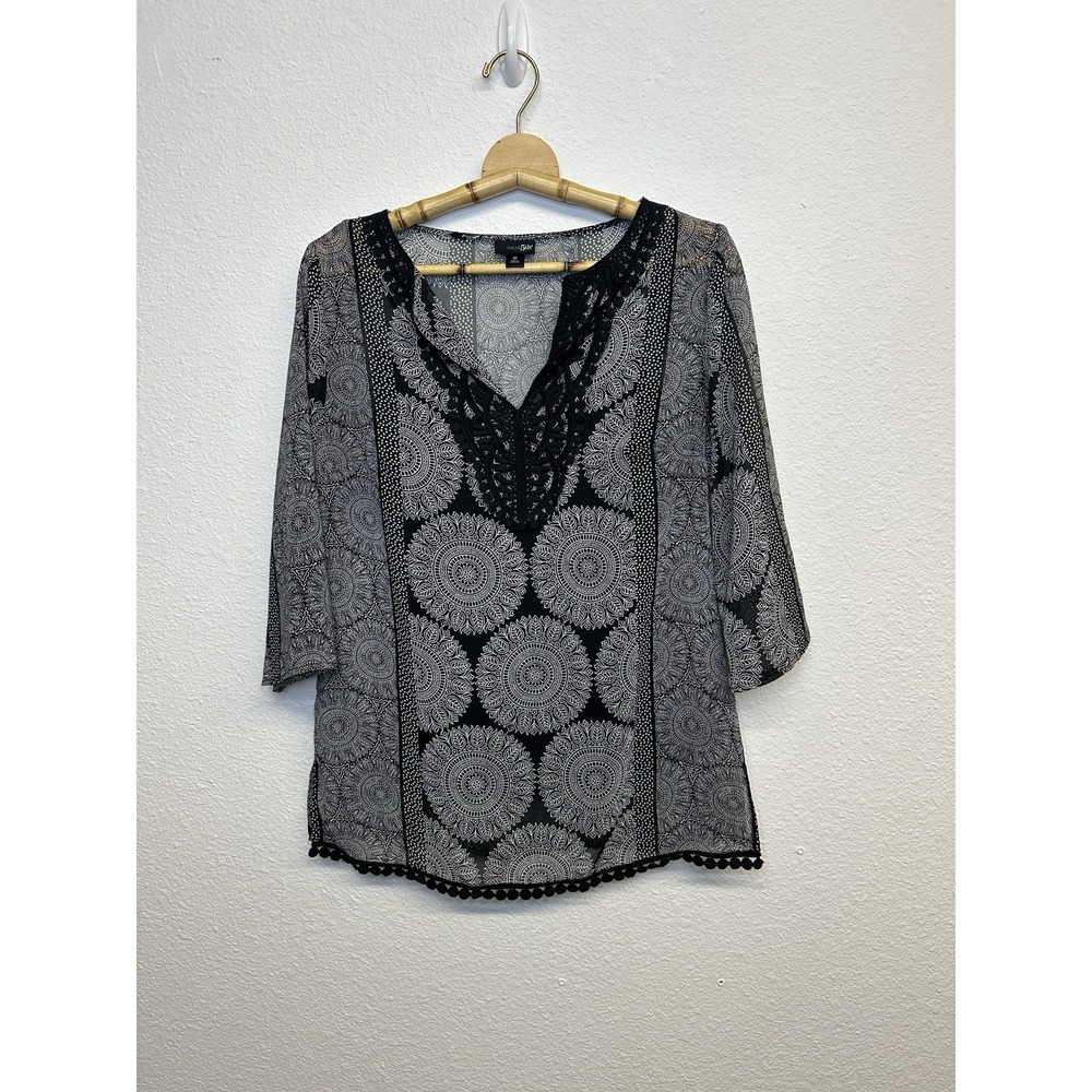 Boho 3/4 Sleeve Blouse Womans Size M Embroidered Sheer Witchy Mandalas